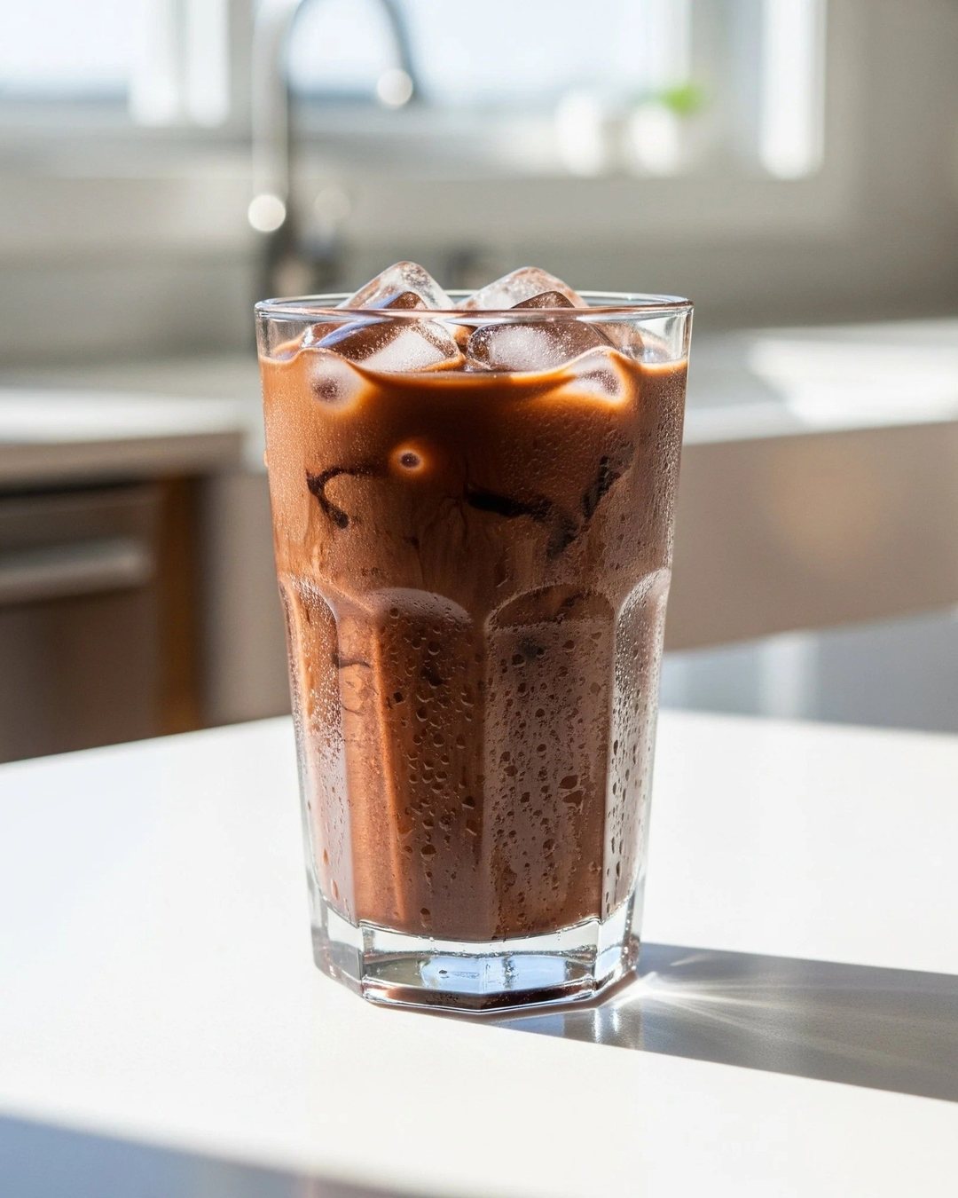 MALIBU's iced chocolate as uploaded, on a kitchen counter