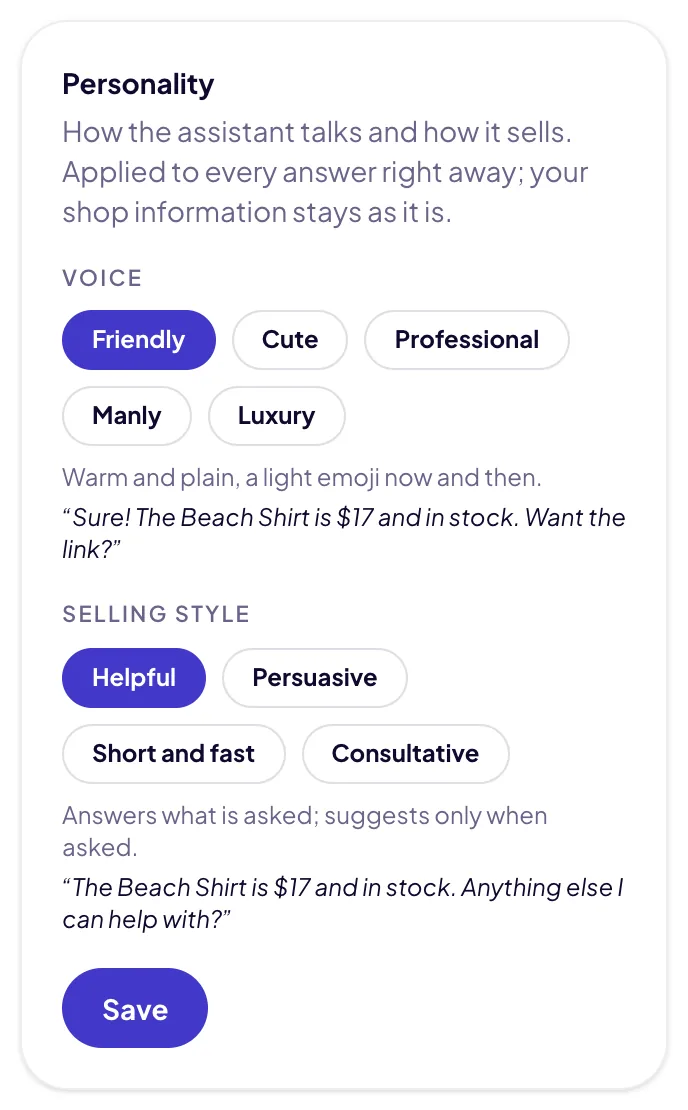 TouTouBot assistant personality settings with voice and selling style