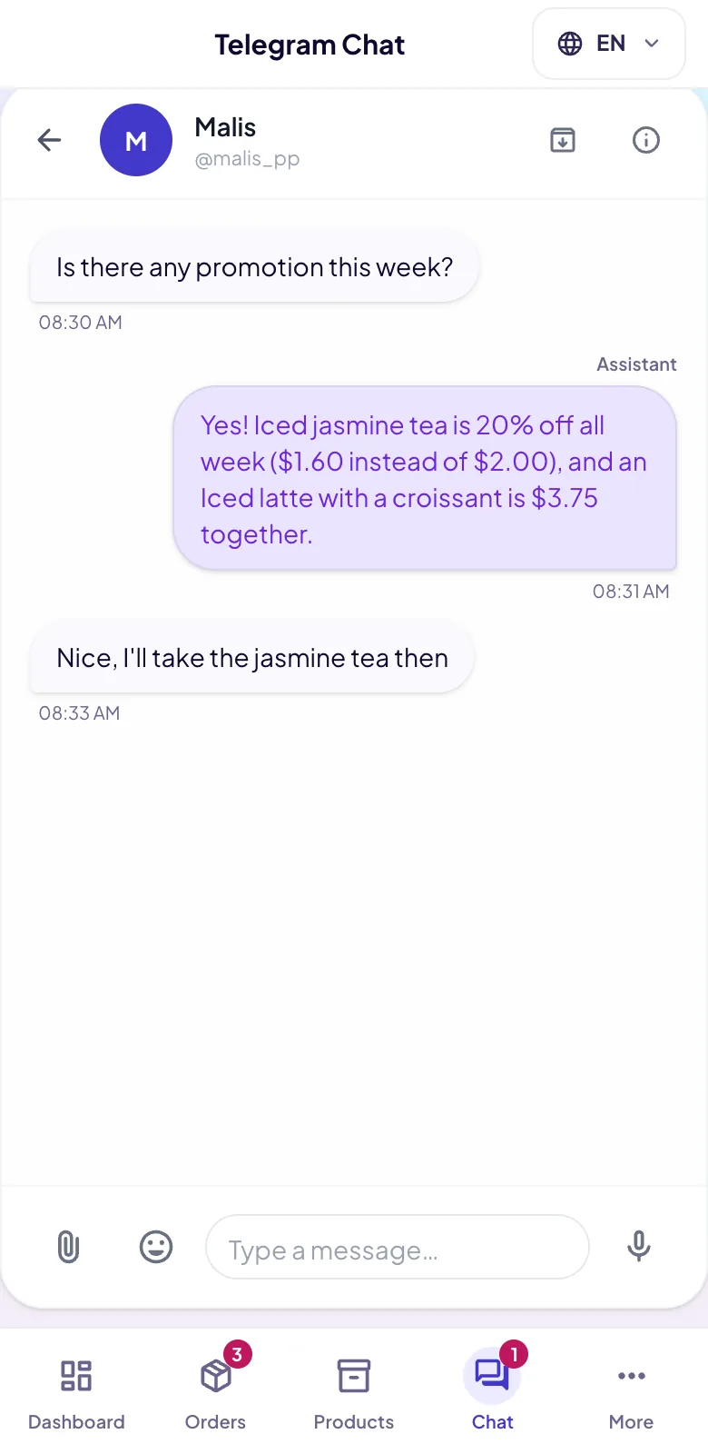 Telegram Chat inbox with an assistant-answered conversation and the customer's orders