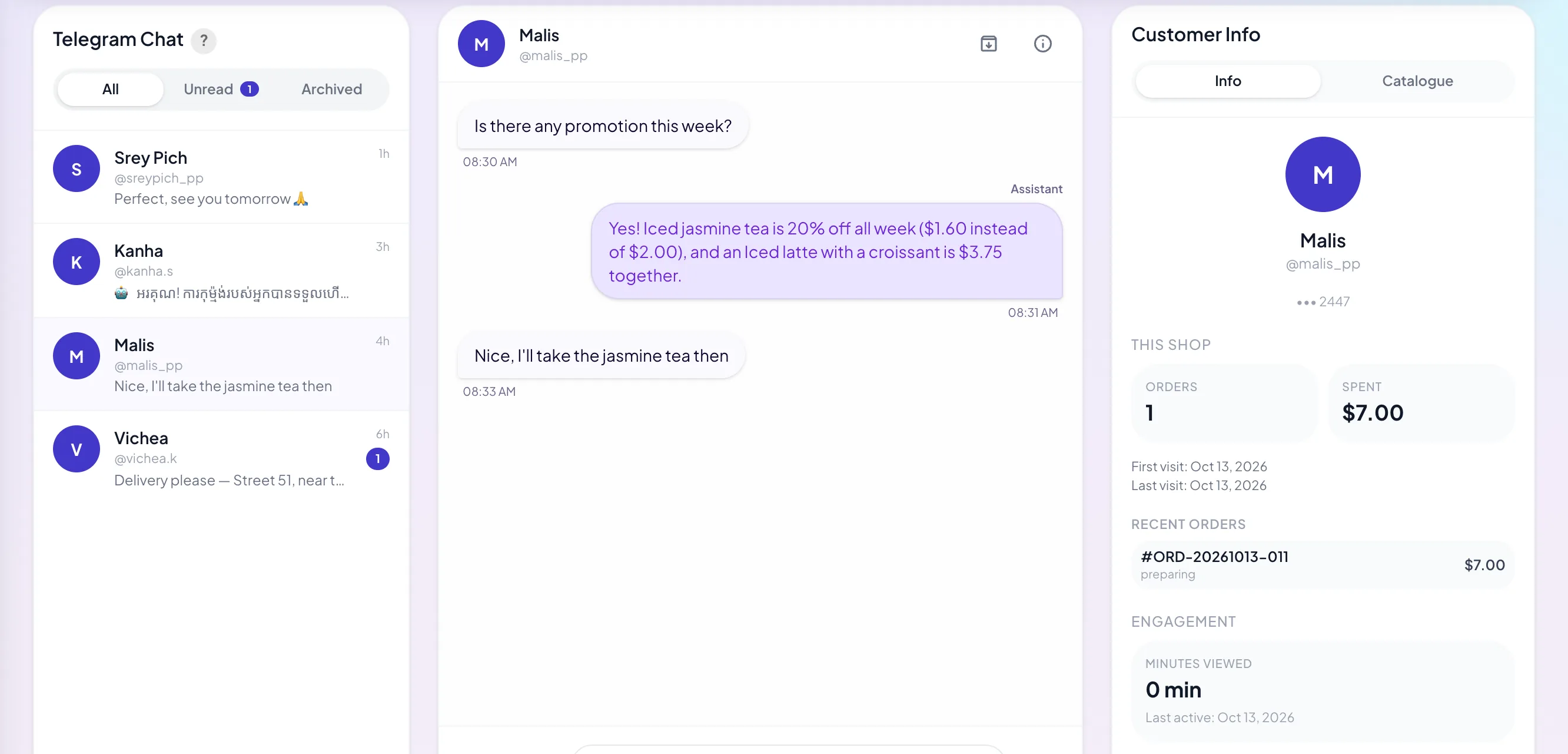 Telegram Chat inbox with an assistant-answered conversation and the customer's orders