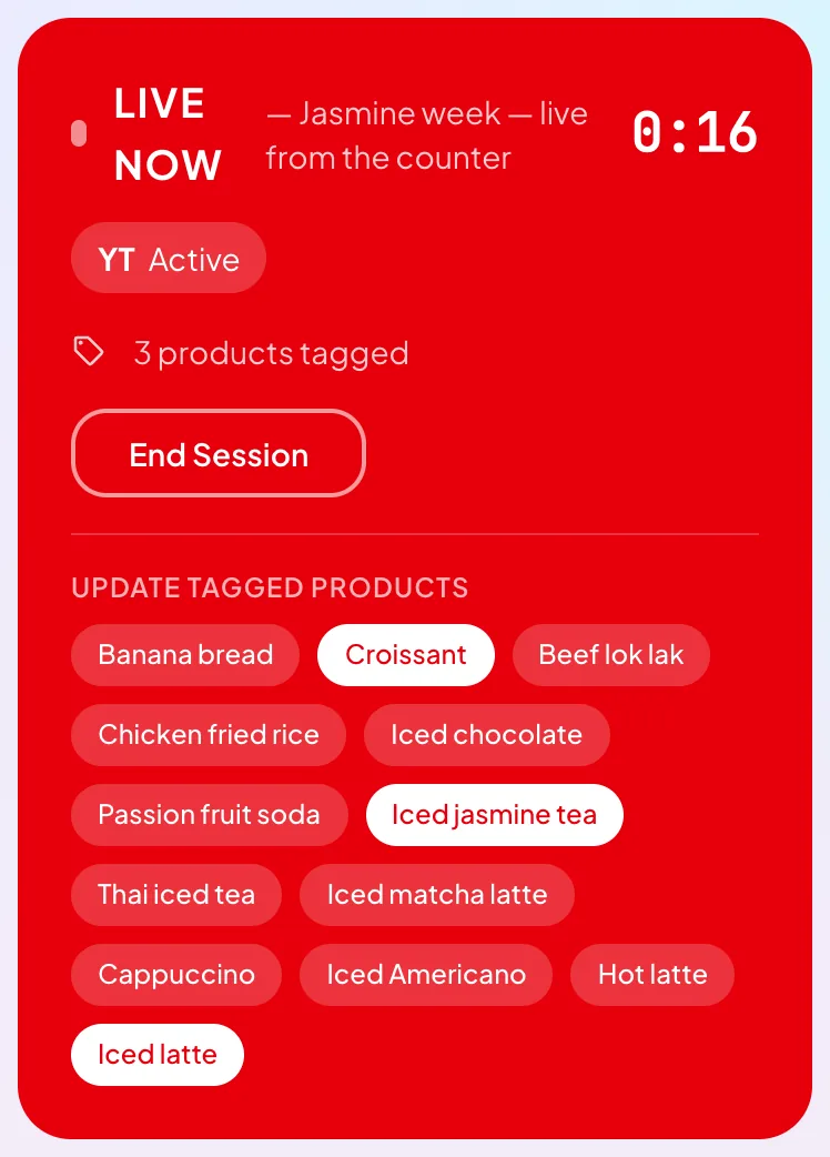 The owner's Go Live card with the stream on and products tagged