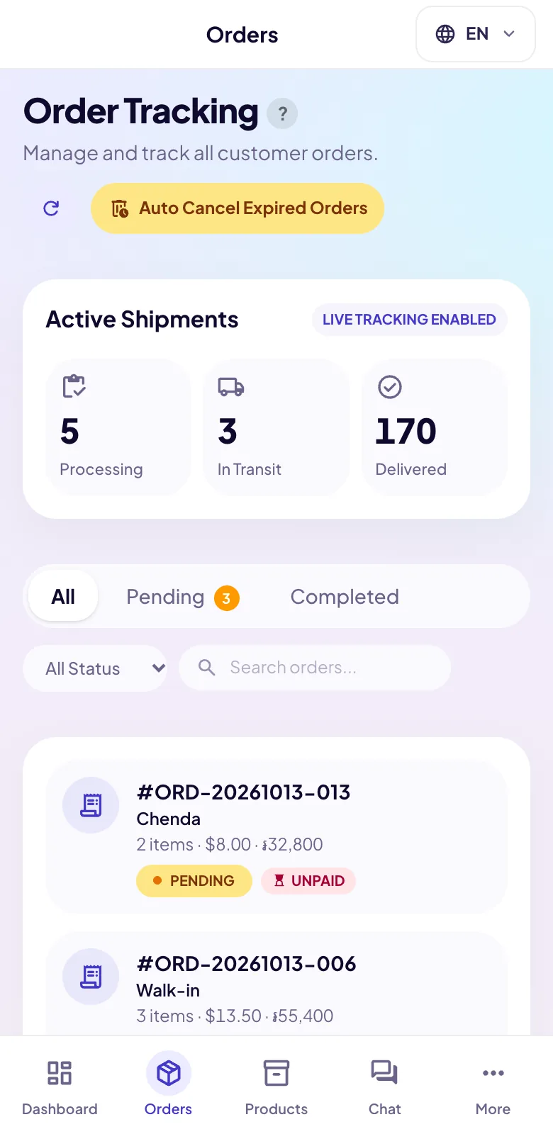 Order tracking with online and counter orders, payment and delivery status