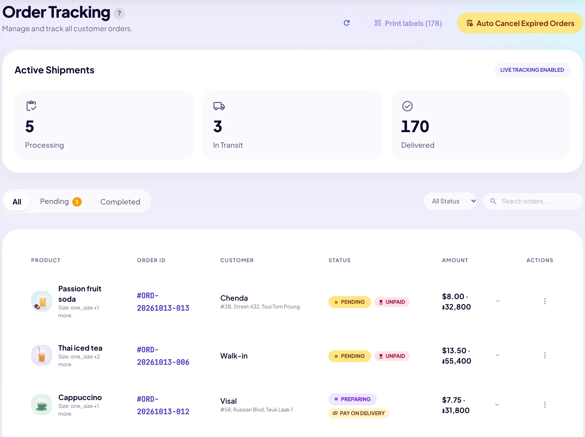 Order tracking with online and counter orders, payment and delivery status