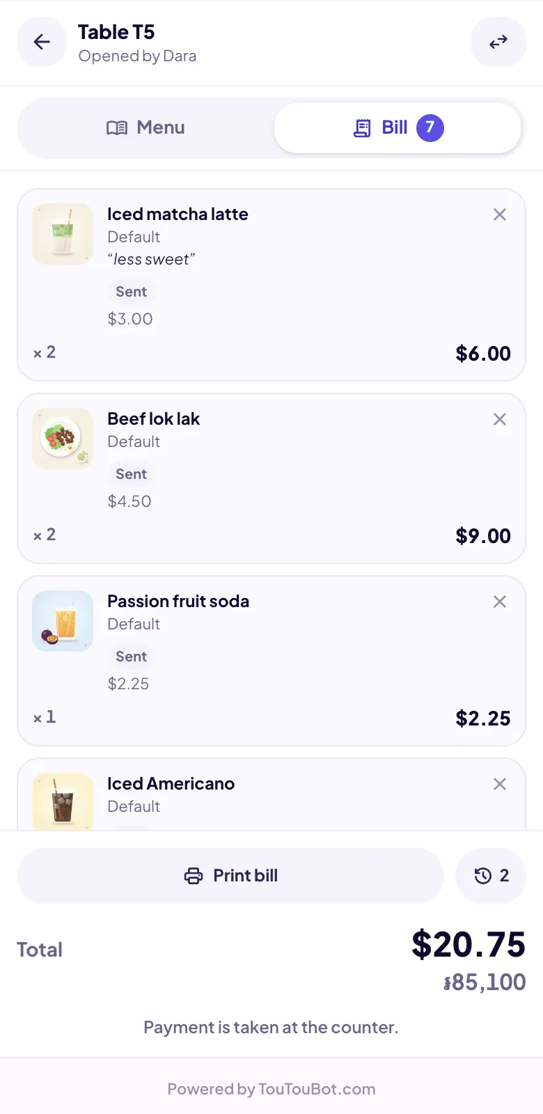 TouTouBot POS with a table bill ready to send to the kitchen
