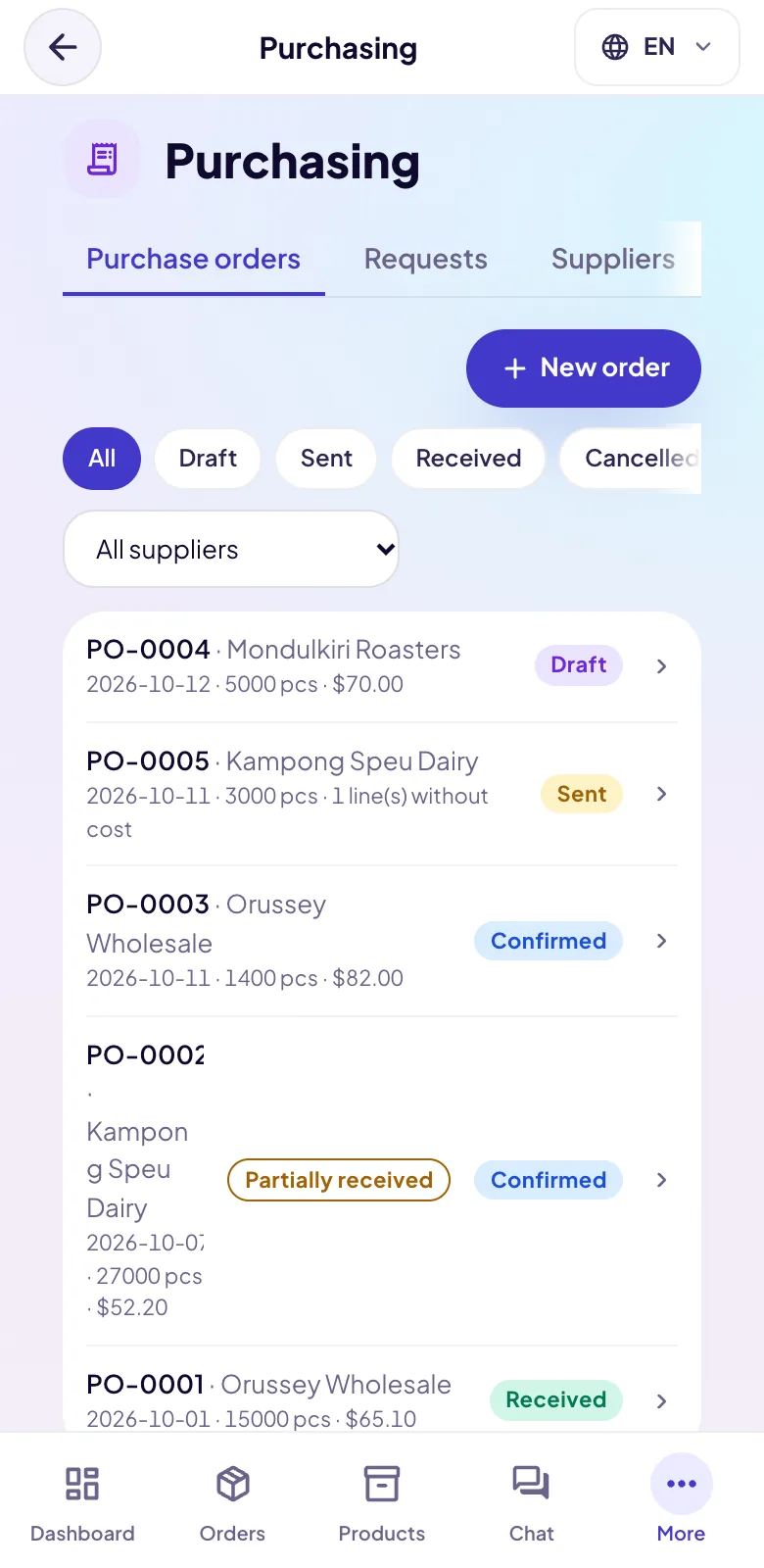 TouTouBot purchase orders list with draft, sent and received orders