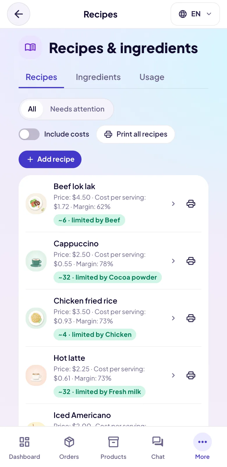 TouTouBot recipe list showing cost per serving, margin and how many can be made