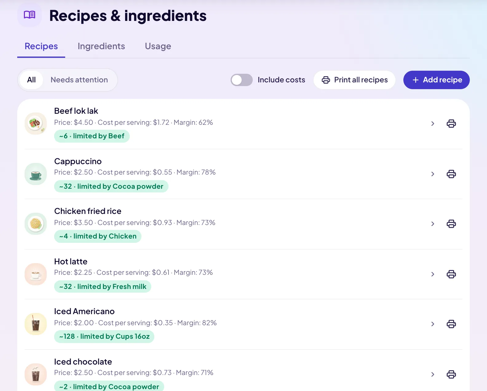 TouTouBot recipe list showing cost per serving, margin and how many can be made