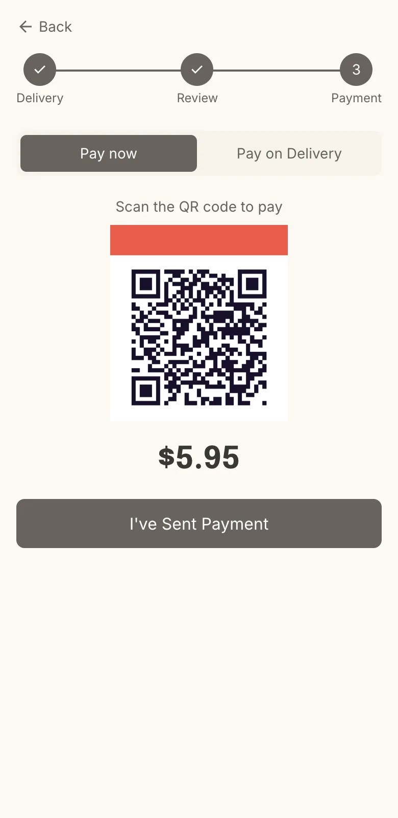 Checkout in the storefront: scan the shop's QR, then I've Sent Payment