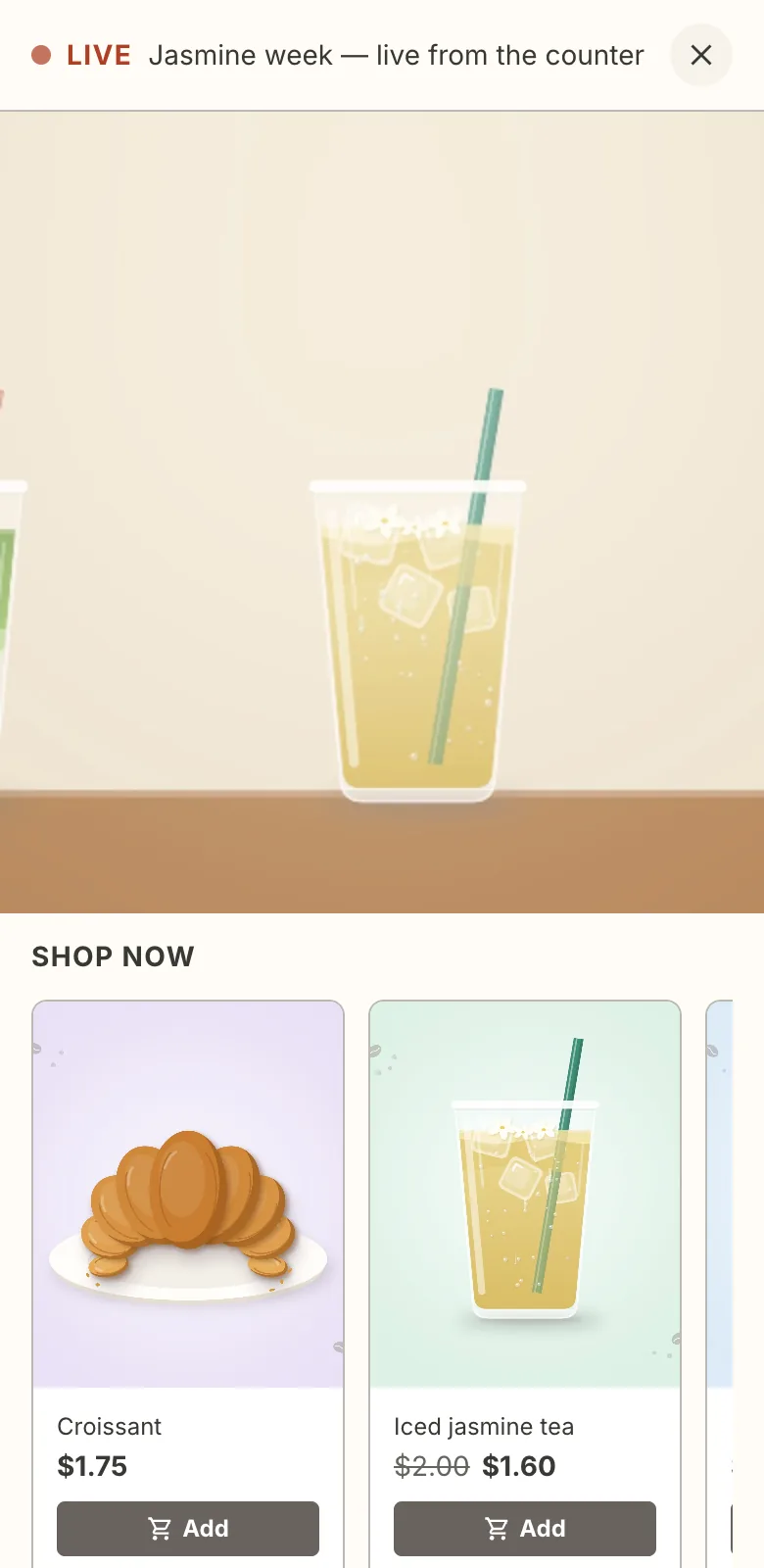 The storefront's live viewer with tagged products to add to cart