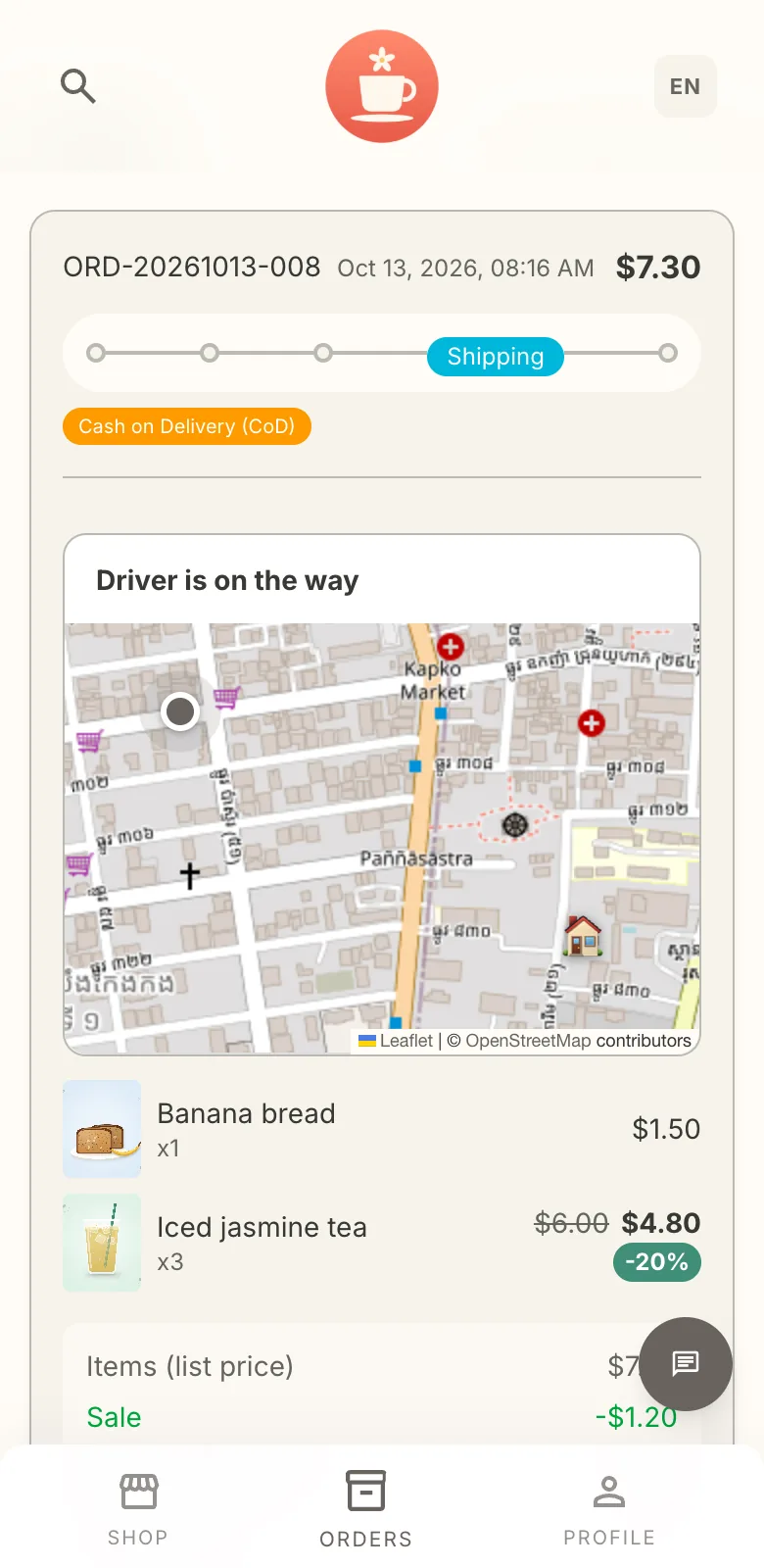 A customer's order page showing the driver on the way