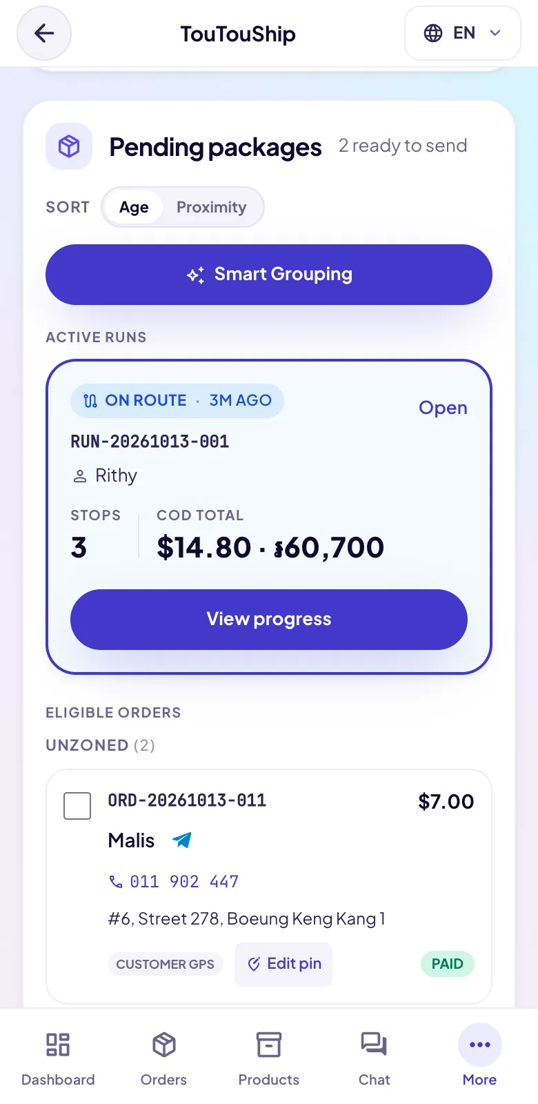 TouTouShip dispatch board with a run on the road, orders waiting and the live map