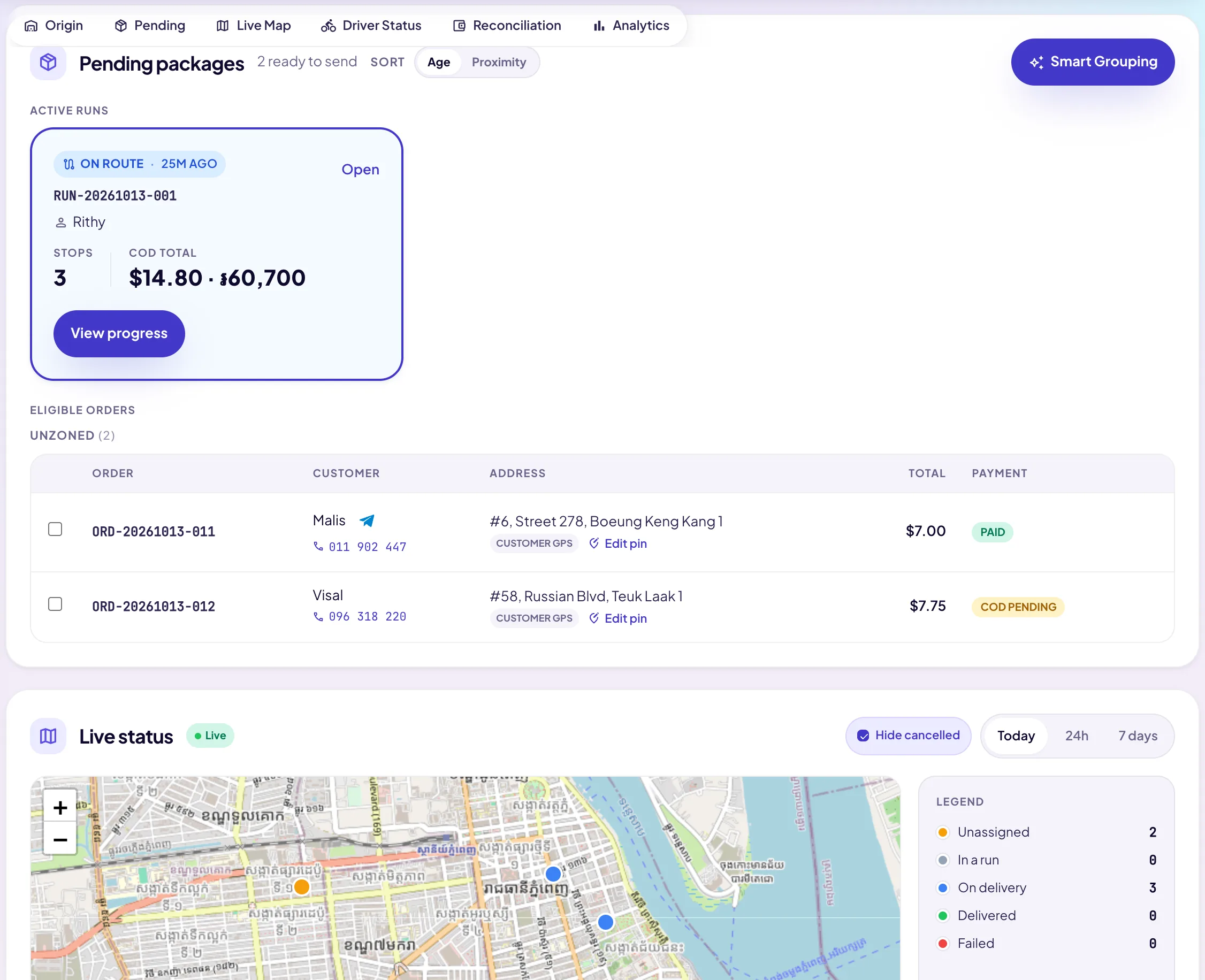TouTouShip dispatch board with a run on the road, orders waiting and the live map