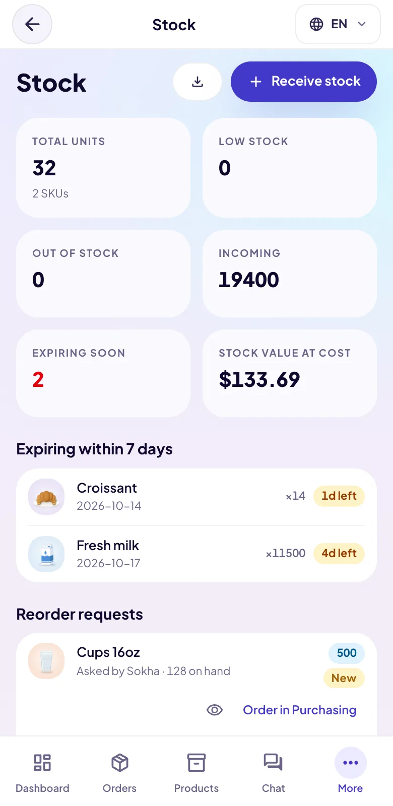 TouTouBot stock page with low-stock and expiring-soon lists