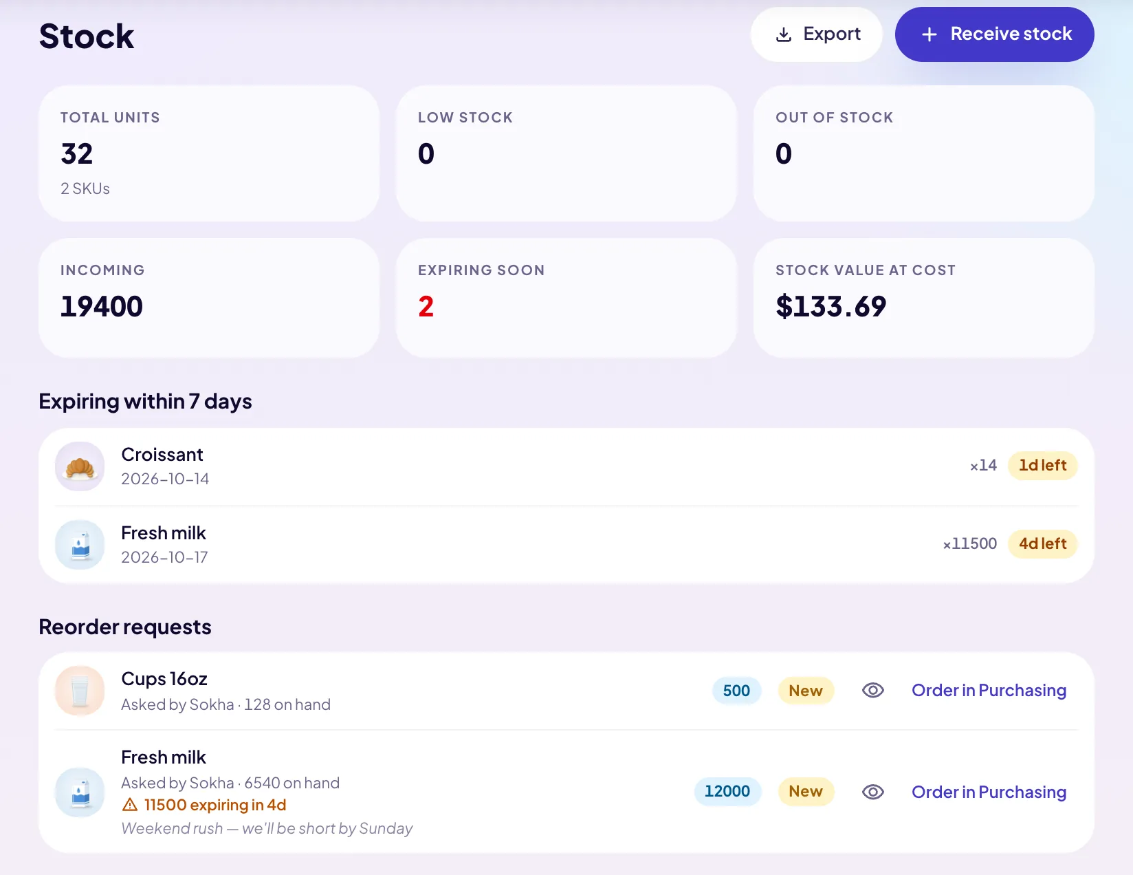 TouTouBot stock page with low-stock and expiring-soon lists